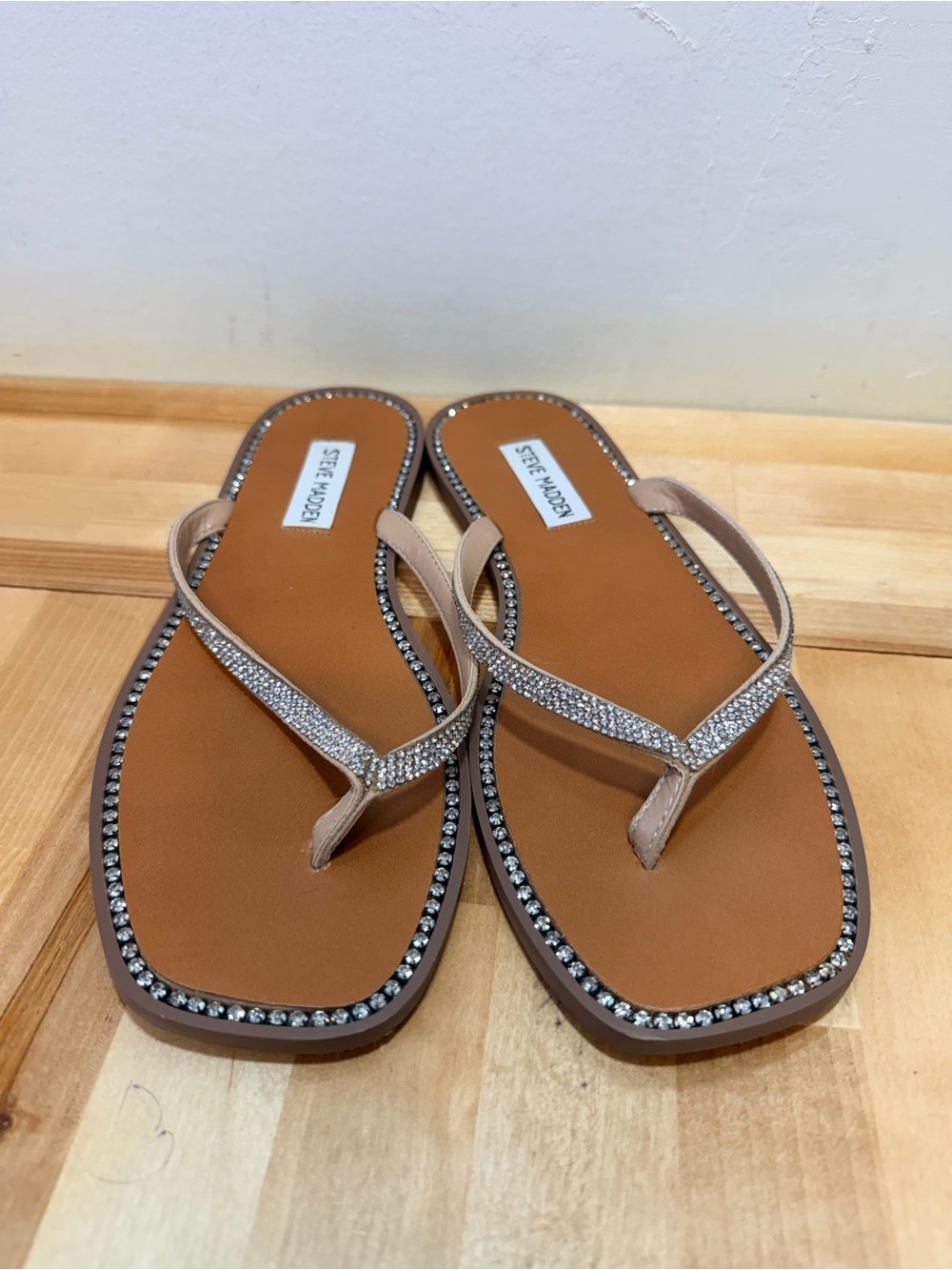 Steve Madden Nude Rhinestone T-Strap Flip Flops